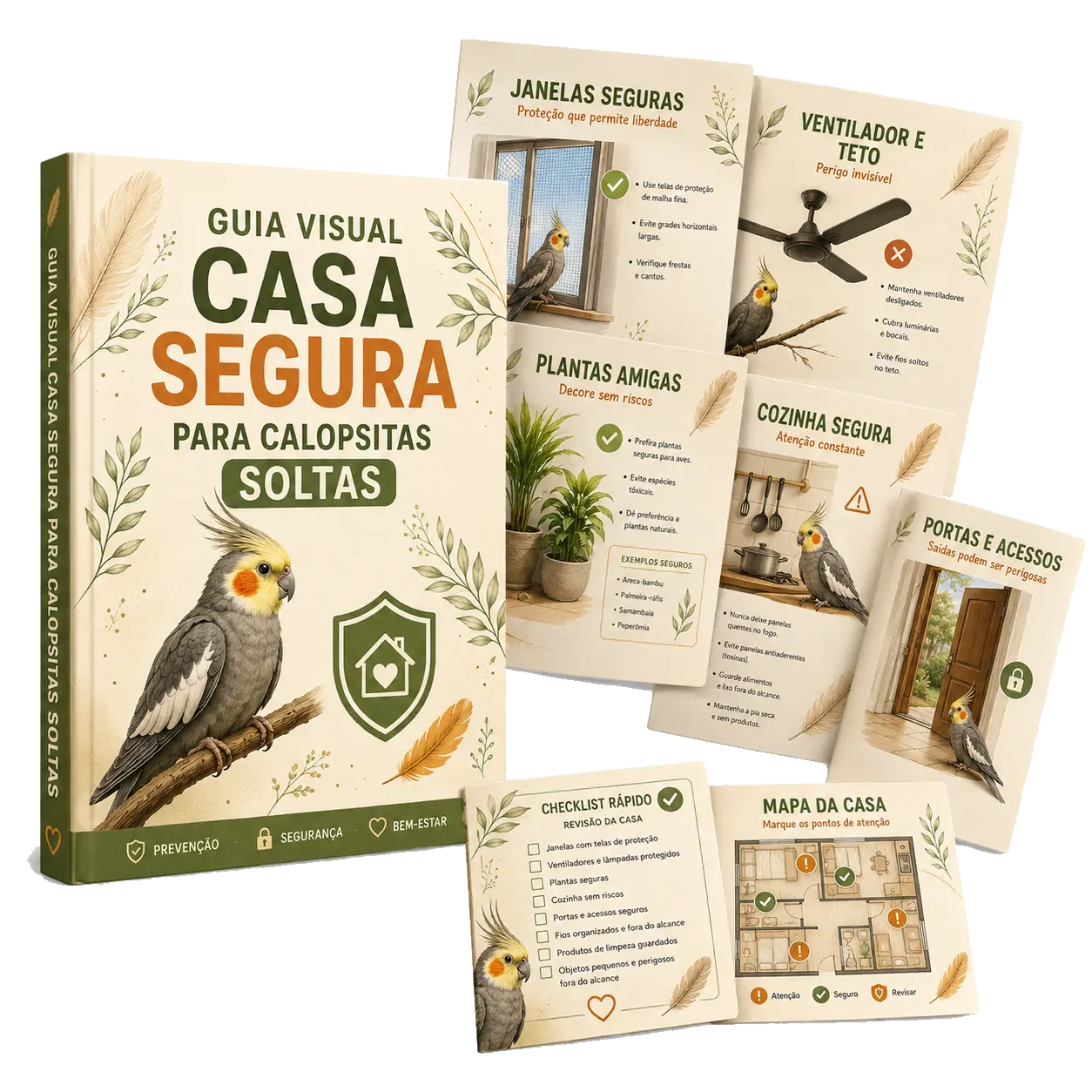 Mockup do bônus GUIA VISUAL CASA SEGURA PARA CALOPSITAS SOLTAS