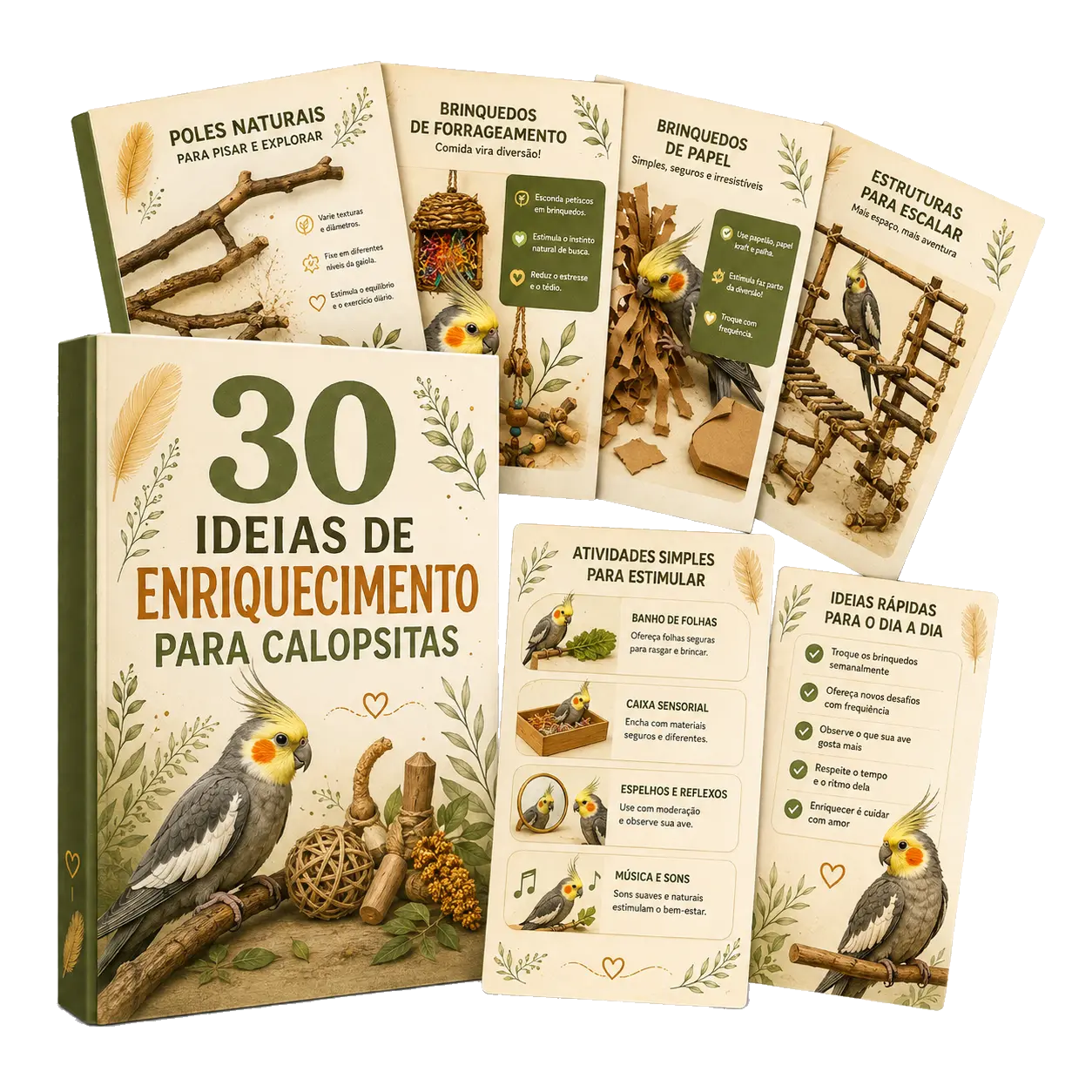 Mockup do bônus 30 IDEIAS DE ENRIQUECIMENTO PARA CALOPSITAS