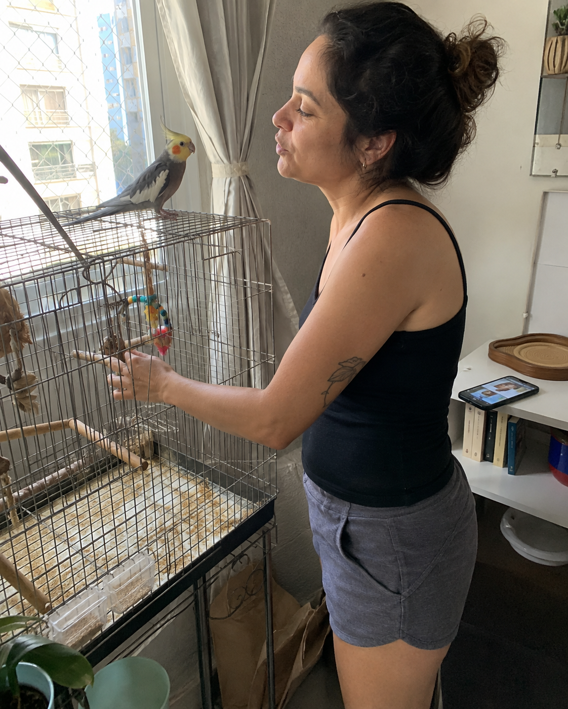 Tutora interagindo com a calopsita em cima da gaiola