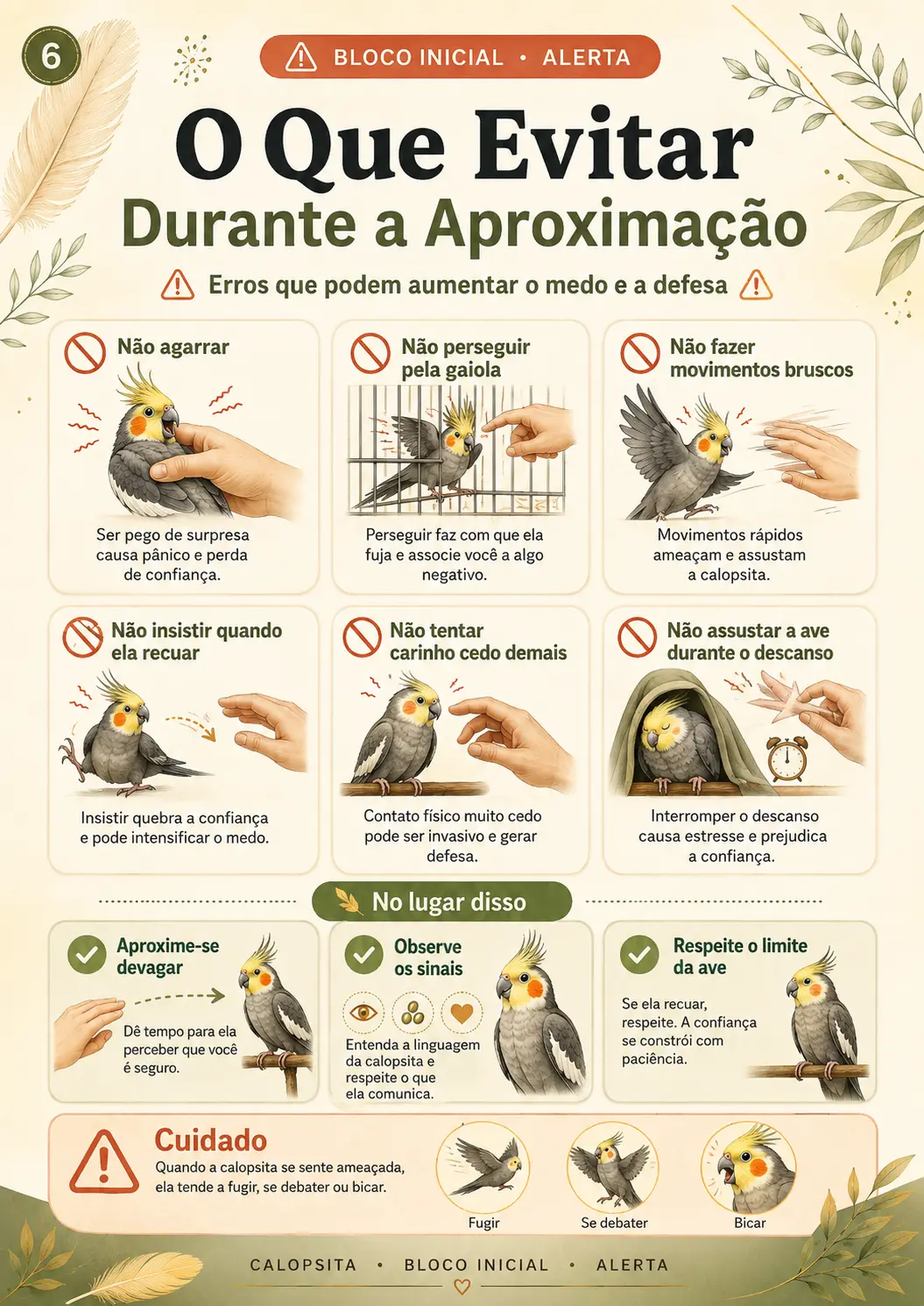 Página sobre o que evitar durante a aproximação da calopsita